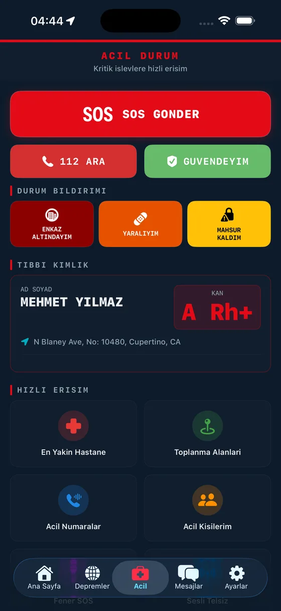 Deprem112 acil durum ekranı: SOS gönder ve 112 ara düğmeleri, Güvendeyim ve tıbbi kimlik